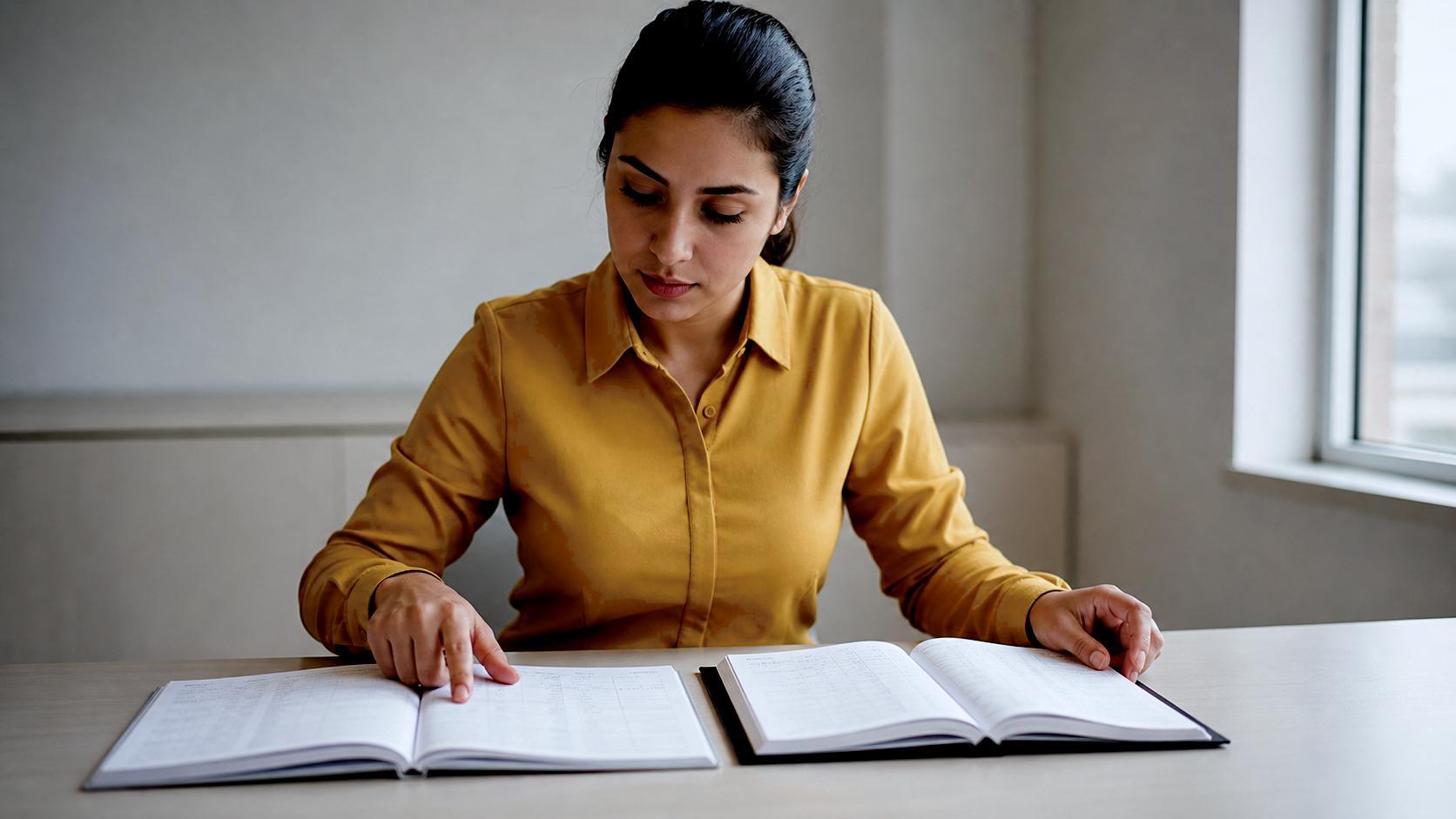 Tesoureira comparando dois livros de registro lado a lado para evitar duplicidade de receitas