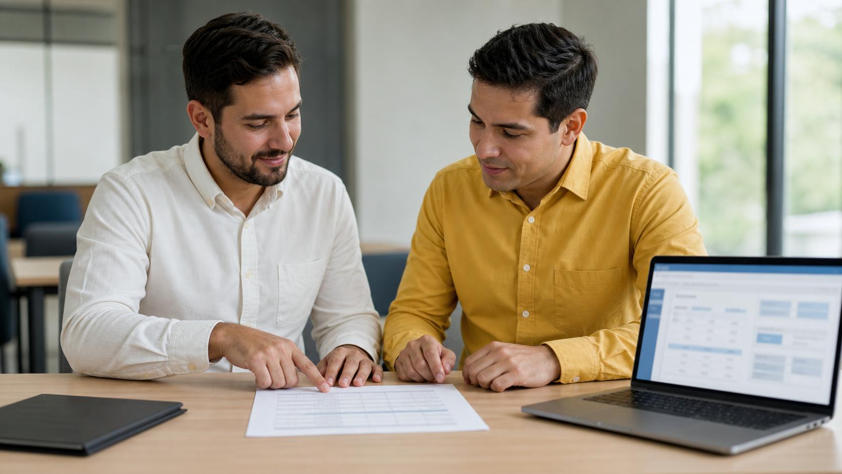 Pastor e tesoureiro analisando a folha de pagamento no escritorio da igreja