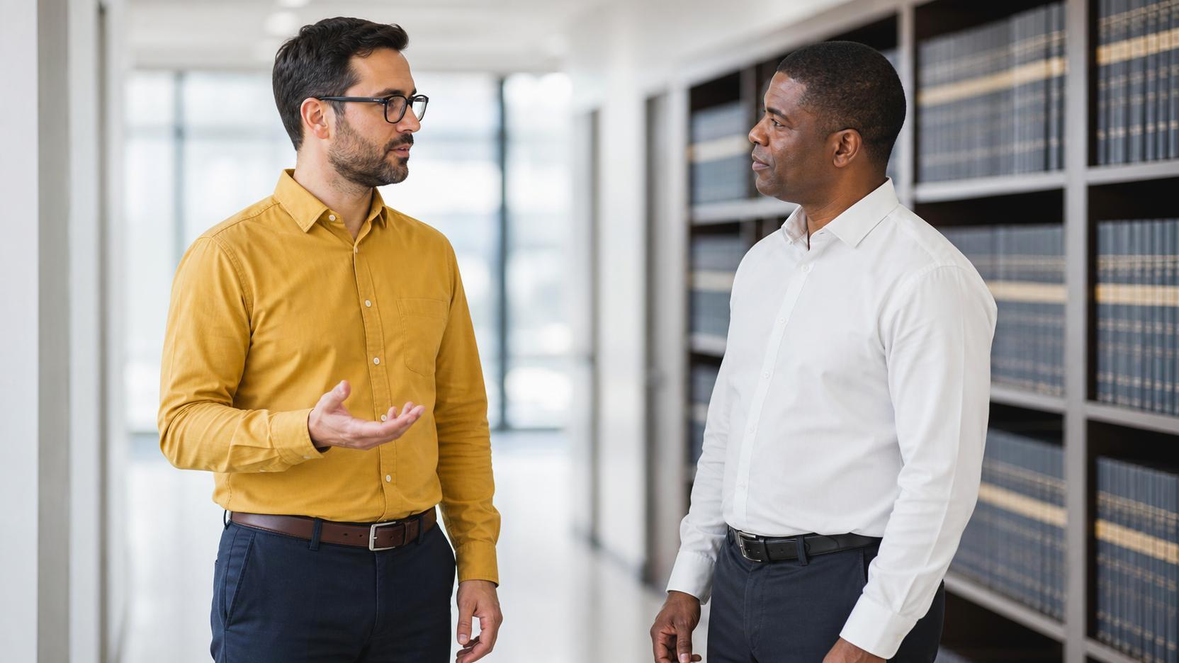 Consultor jurídico e líder de igreja conversando em pé no corredor de um escritório