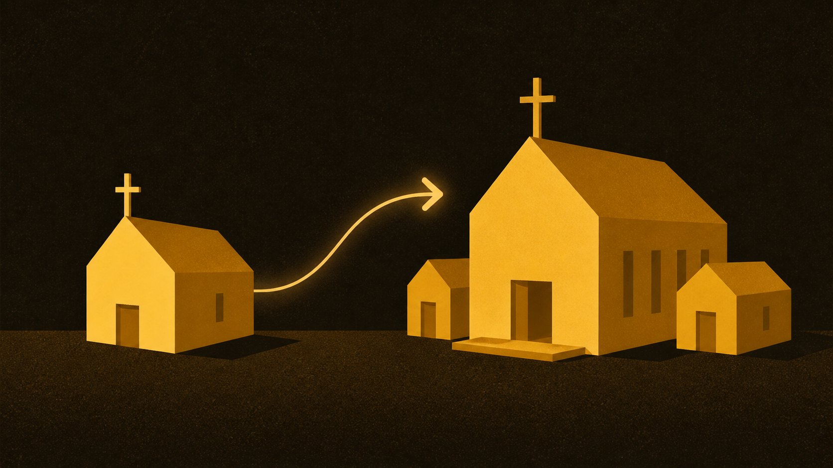 Ilustração de um templo pequeno e outro maior ligados por uma seta, representando o crescimento da igreja