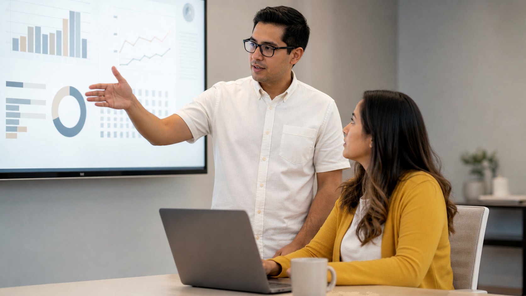 Instrutor aponta para os indicadores na tela durante o treinamento de tesouraria, enquanto uma participante acompanha pelo laptop