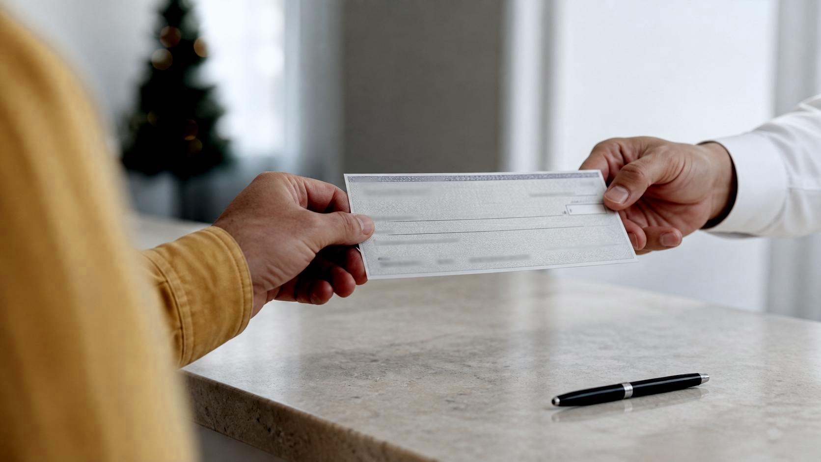 Cheque da gratificação natalina sendo entregue de uma mão para a outra sobre o balcão da igreja