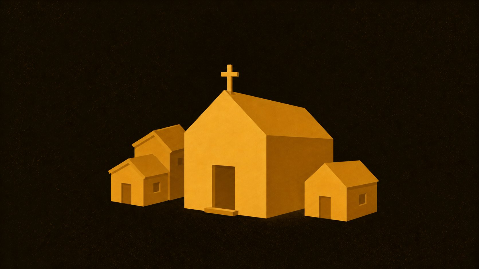 Ilustração de um templo evangélico entre casas, representando o papel da igreja na comunidade