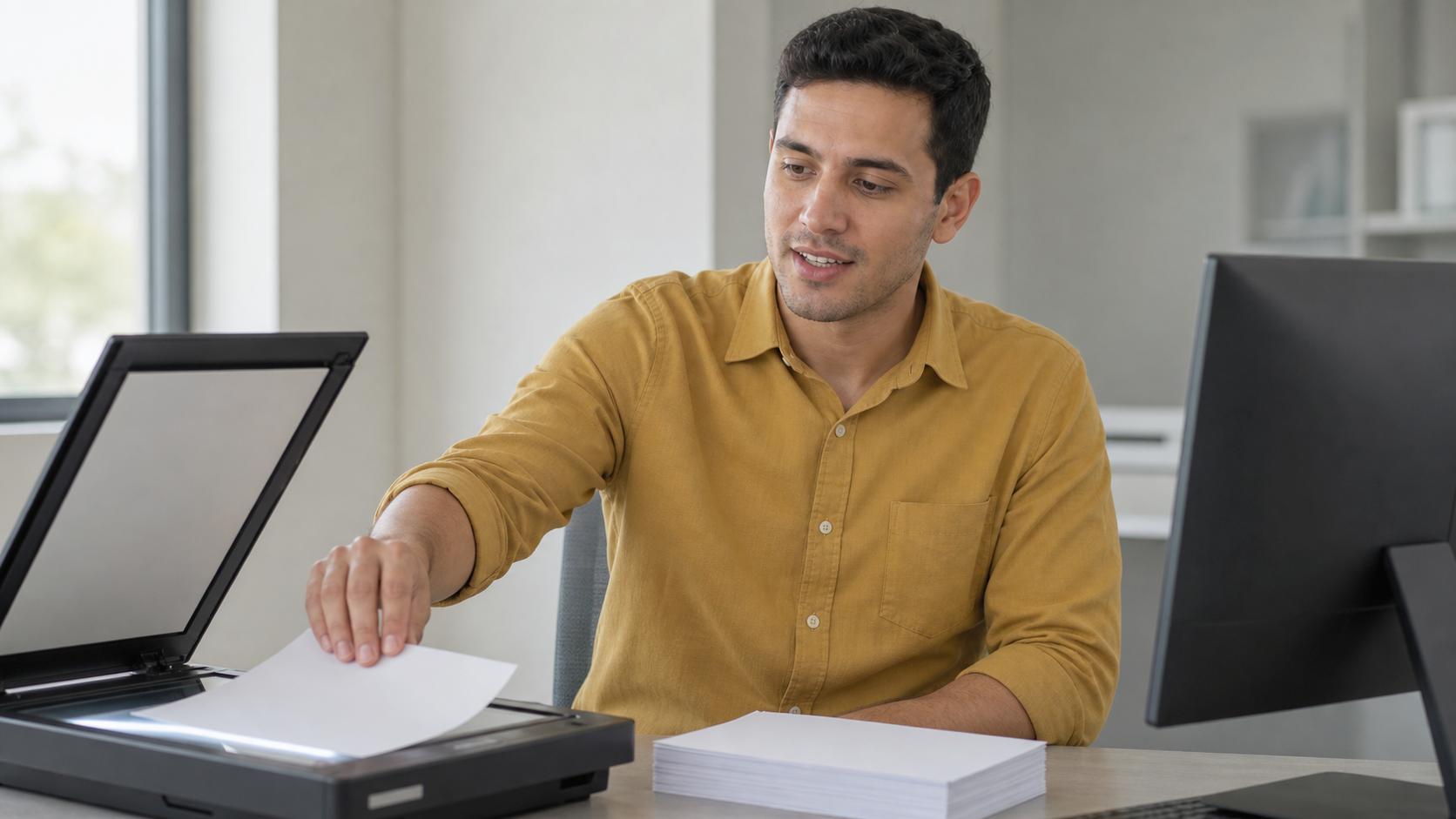 Colaborador digitalizando documentos da igreja em um scanner de mesa