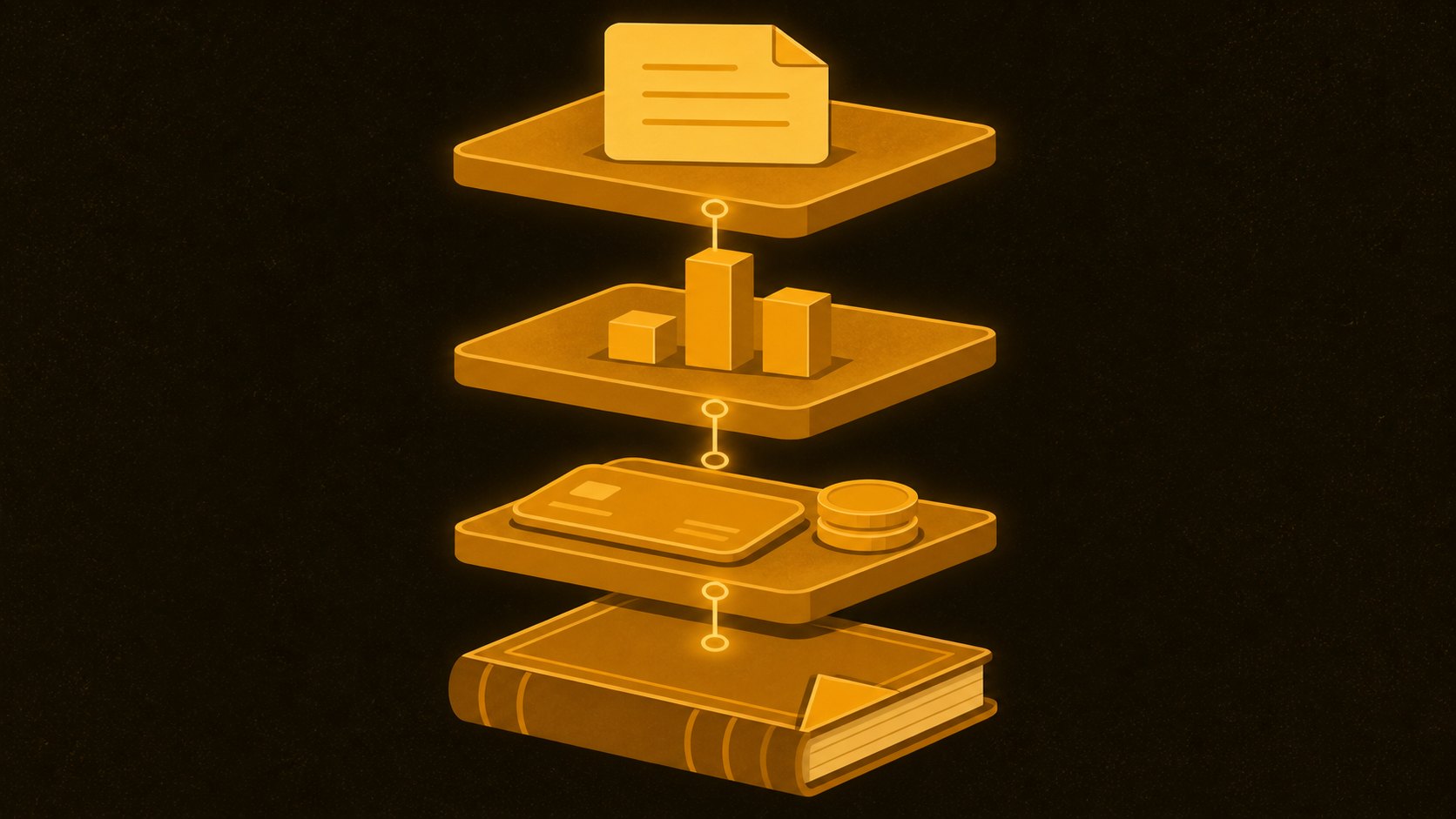 Ilustração dos controles da gestão financeira da igreja empilhados em camadas — livro-razão na base, movimentação, indicadores e relatório no topo