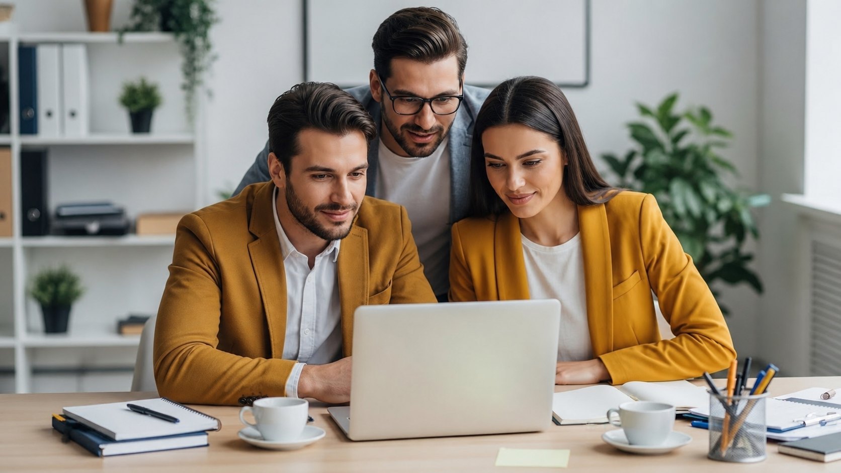 Três integrantes da liderança da igreja acompanham juntos as informações no laptop, em ambiente de escritório claro