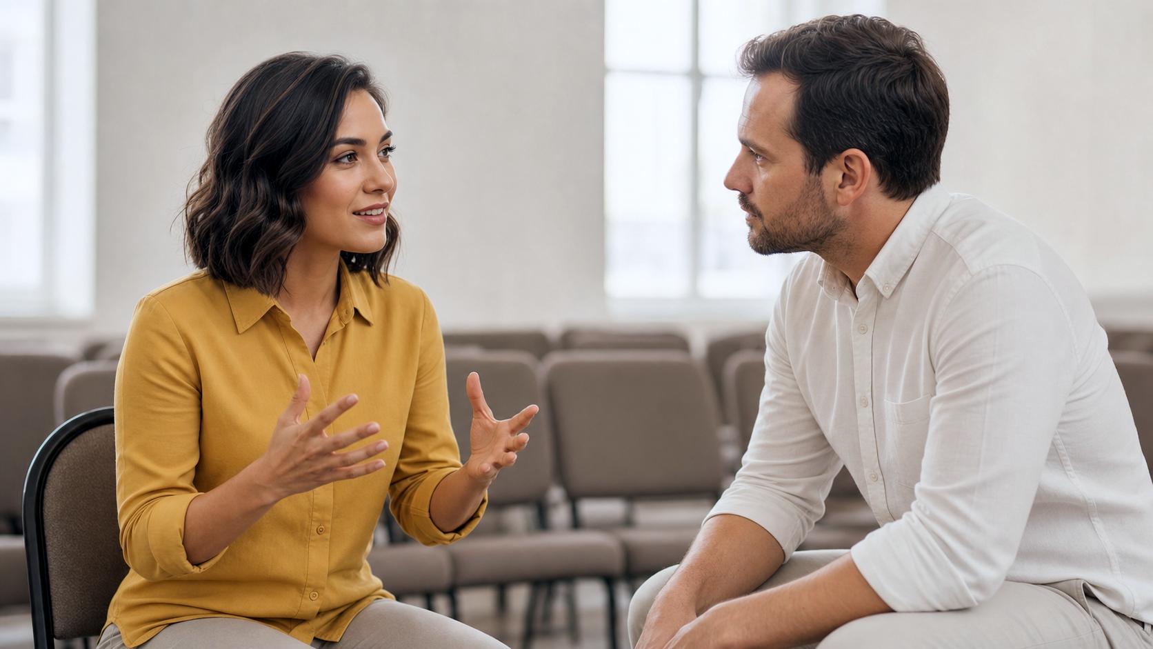 Tesoureira e líder de igreja conversando sentados no salão durante uma decisão financeira