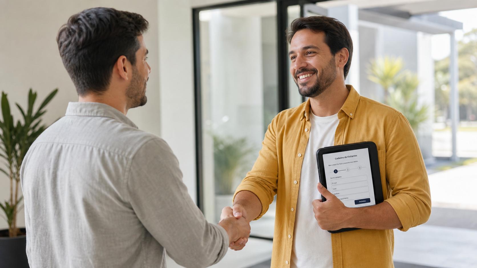 Equipe de acolhimento recebendo um visitante na entrada da igreja com o cadastro no tablet