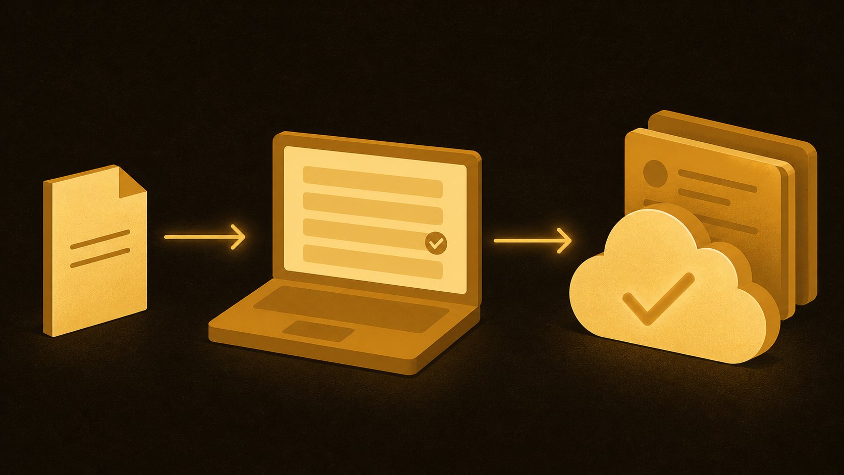 Ilustração do fluxo do controle de batismos: o formulário de papel, a tela do sistema com a lista de registros e o registro salvo na nuvem