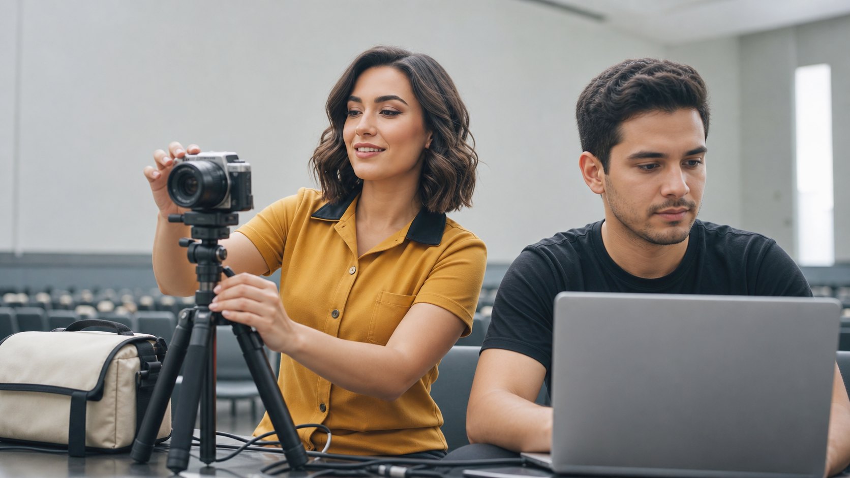 Dupla da equipe de comunicação da igreja prepara a câmera para gravação