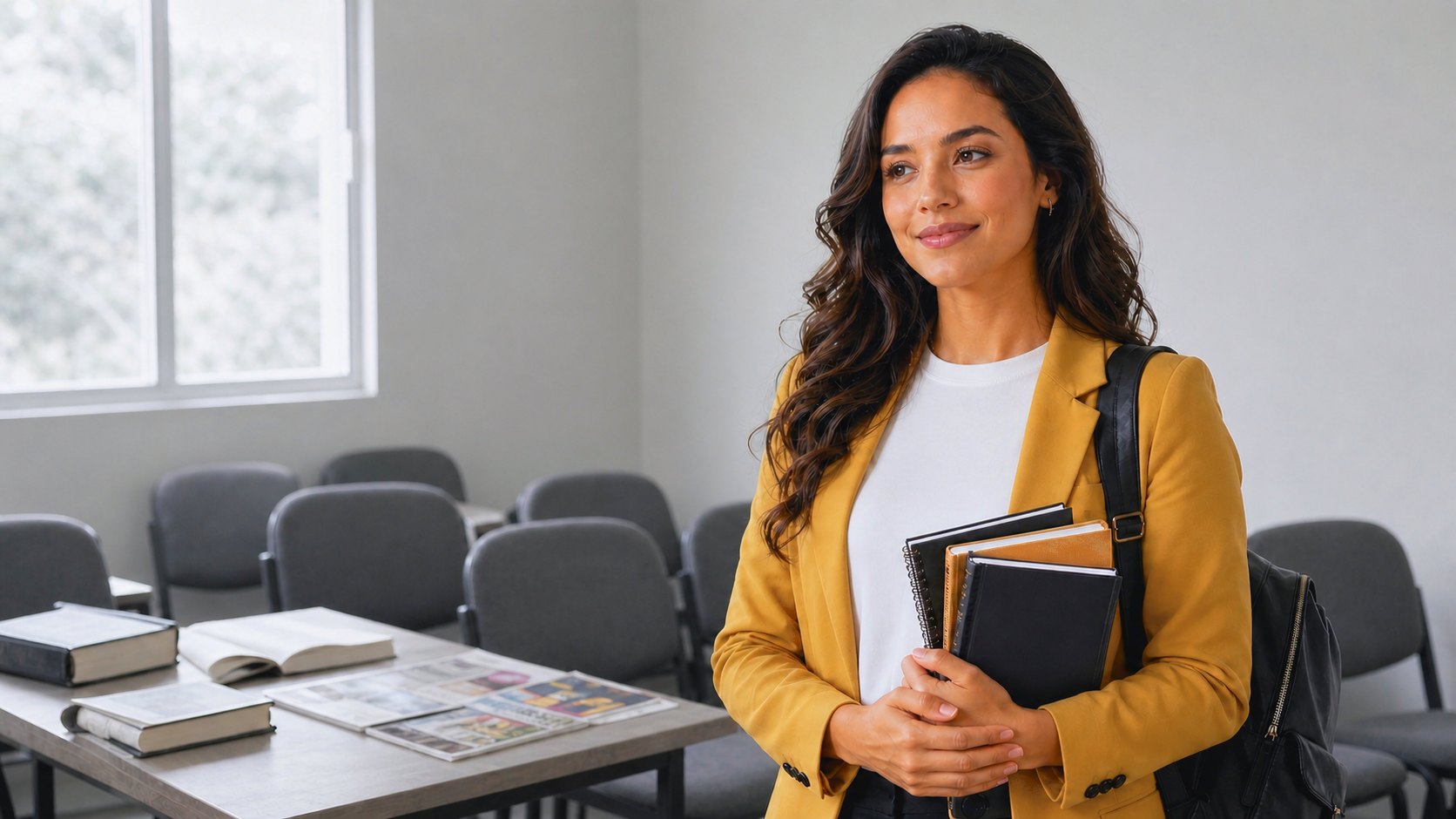 Professora de escola bíblica dominical, de blazer mostarda, segura livros e revistas de lição na sala de aula da igreja