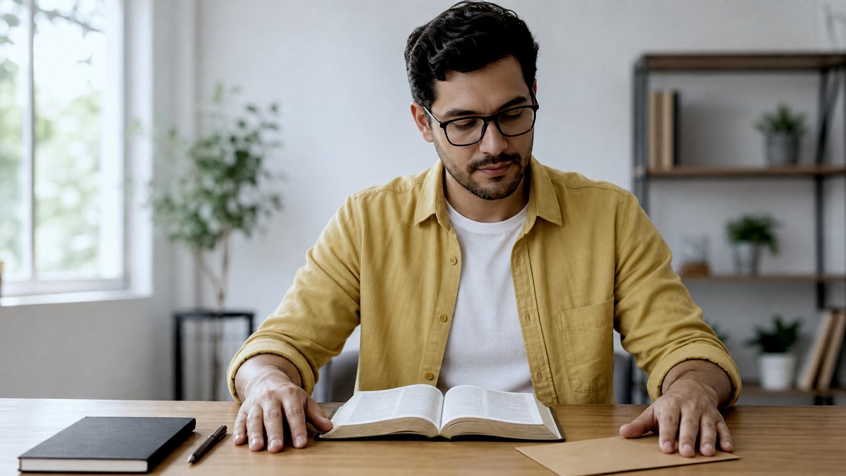 Homem planejando a devolucao do dizimo com Biblia aberta e envelope de oferta