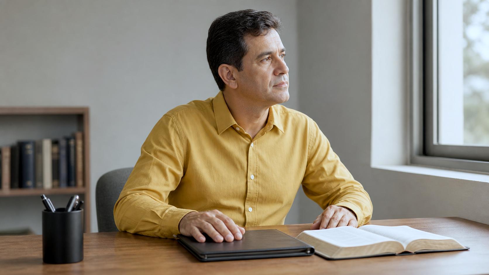 Pastor no gabinete da igreja com documento fechado sobre a mesa