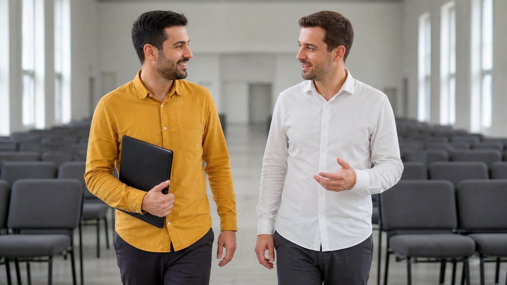 Contador e líder de igreja caminhando e conversando pelo salão da igreja
