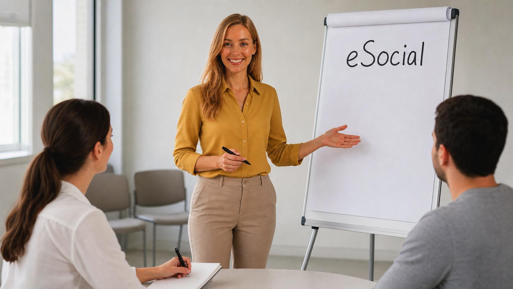 Instrutora apresentando o eSocial em um flip chart para dois colaboradores da igreja