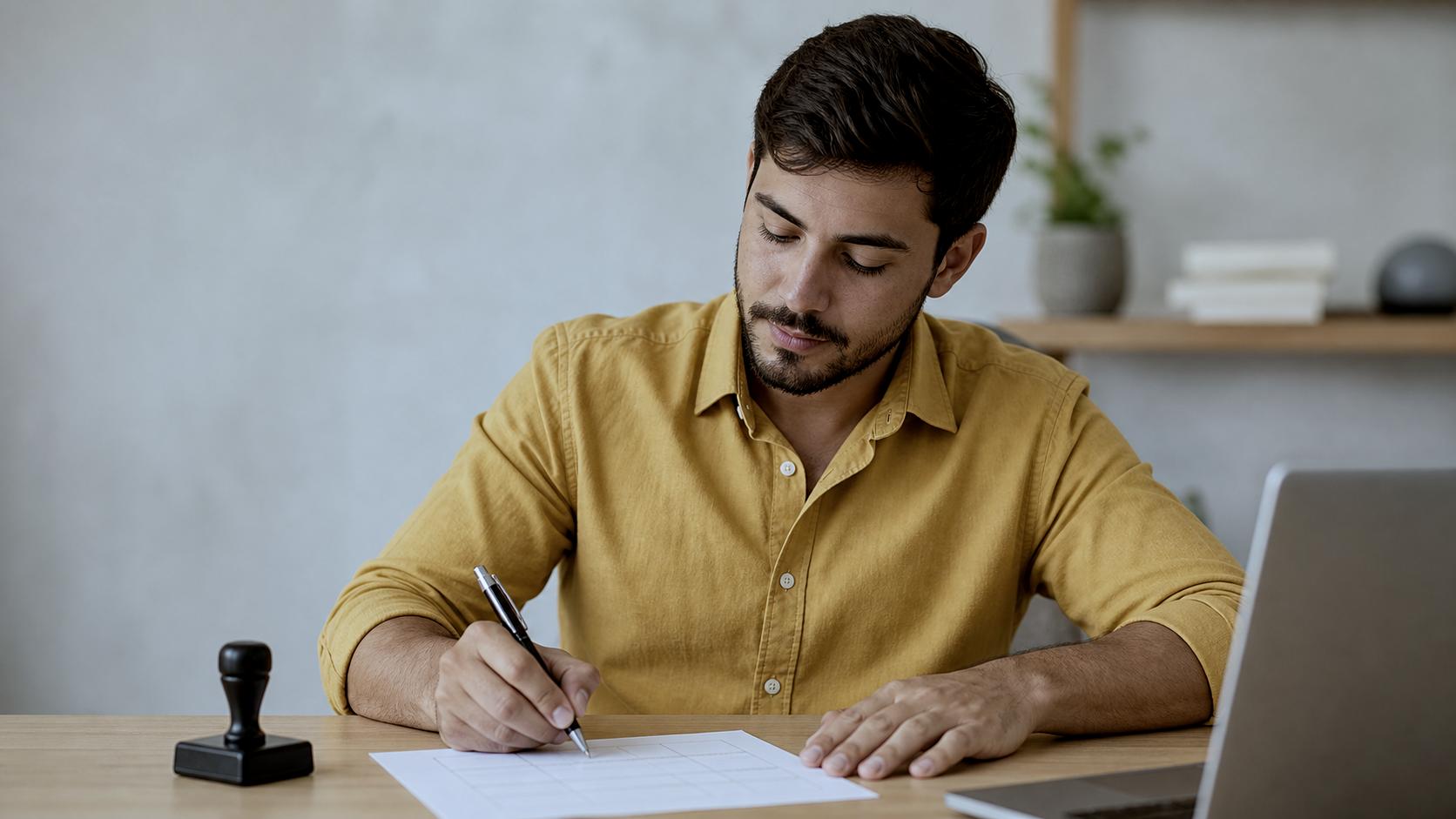 Responsavel preenchendo formulario de regularizacao com carimbo sobre a mesa