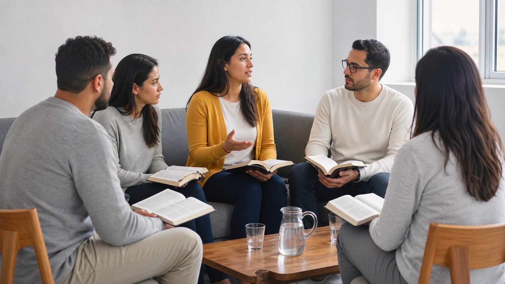 Cinco adultos sentados em roda numa sala com as Bíblias abertas no colo, enquanto uma delas fala e os outros escutam