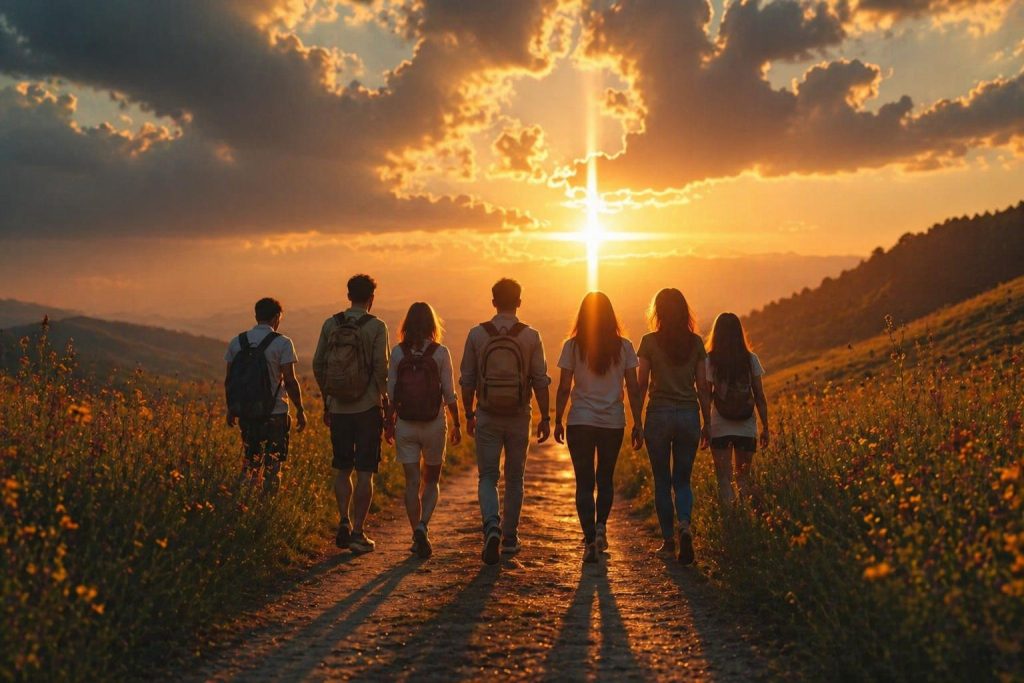 Jovens Caminhando para Cruz