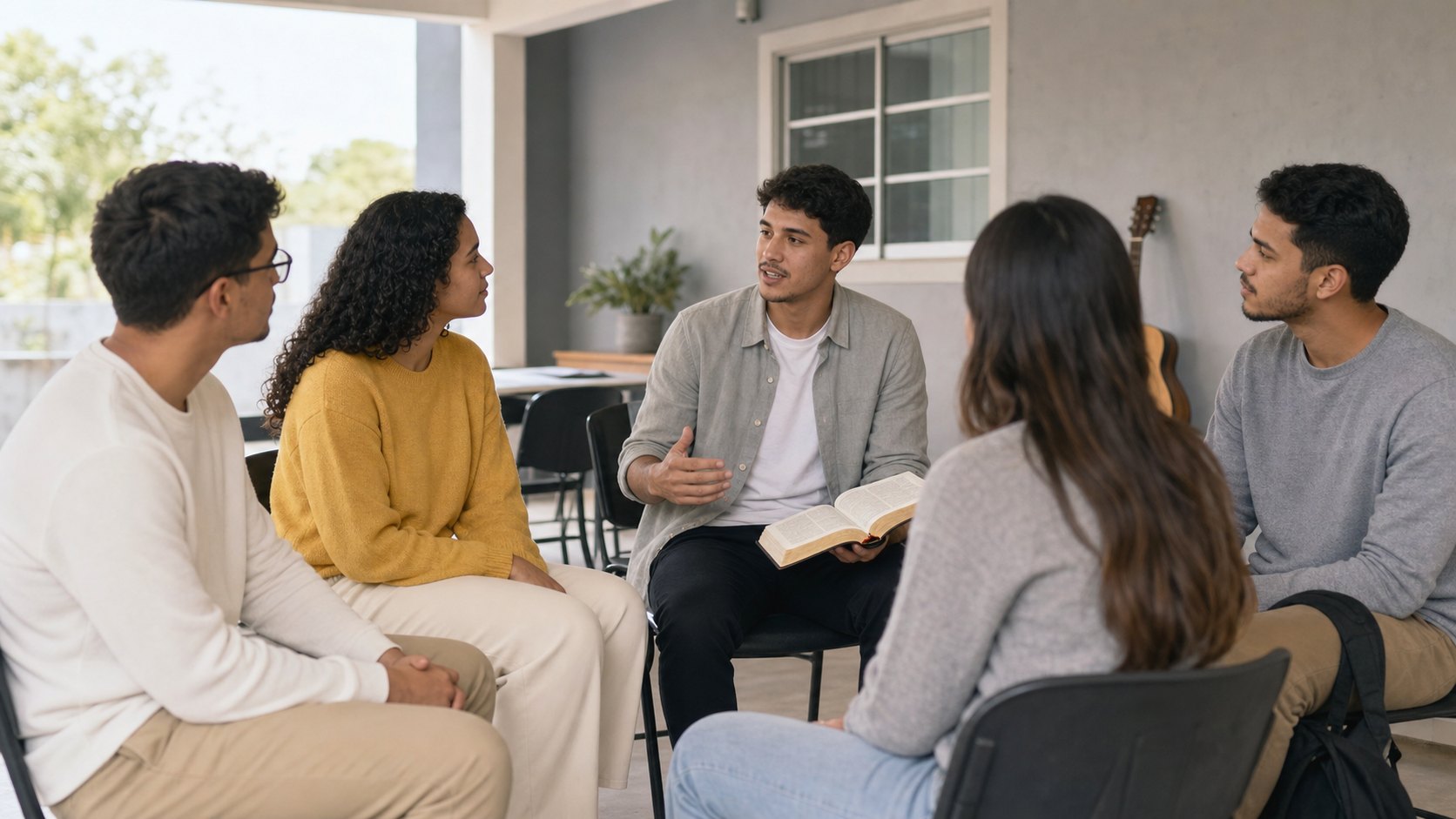 Cinco jovens sentados em roda no pátio da igreja conversam enquanto um deles fala com a Bíblia aberta no colo