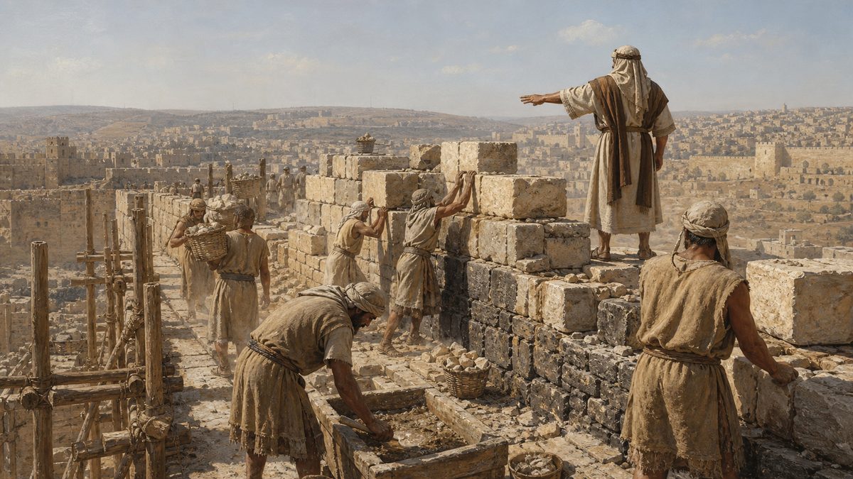 Trabalhadores reconstruindo juntos o muro de Jerusalém, com o líder indicando o próximo trecho da obra