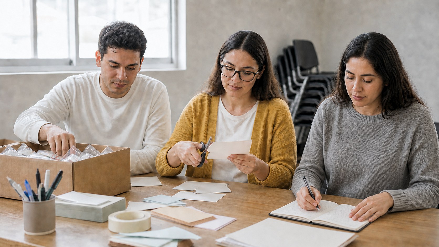 Três voluntários da igreja em volta de uma mesa preparando o material de uma ação de evangelismo criativo: montagem de kits numa caixa, recorte de cartões e anotações num caderno