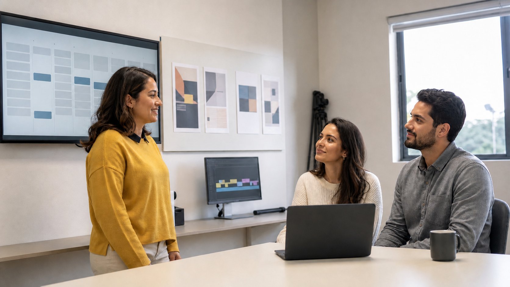 Equipe de comunicação da igreja reunida na sala de trabalho, com o calendário de conteúdo na tela e os layouts impressos no painel