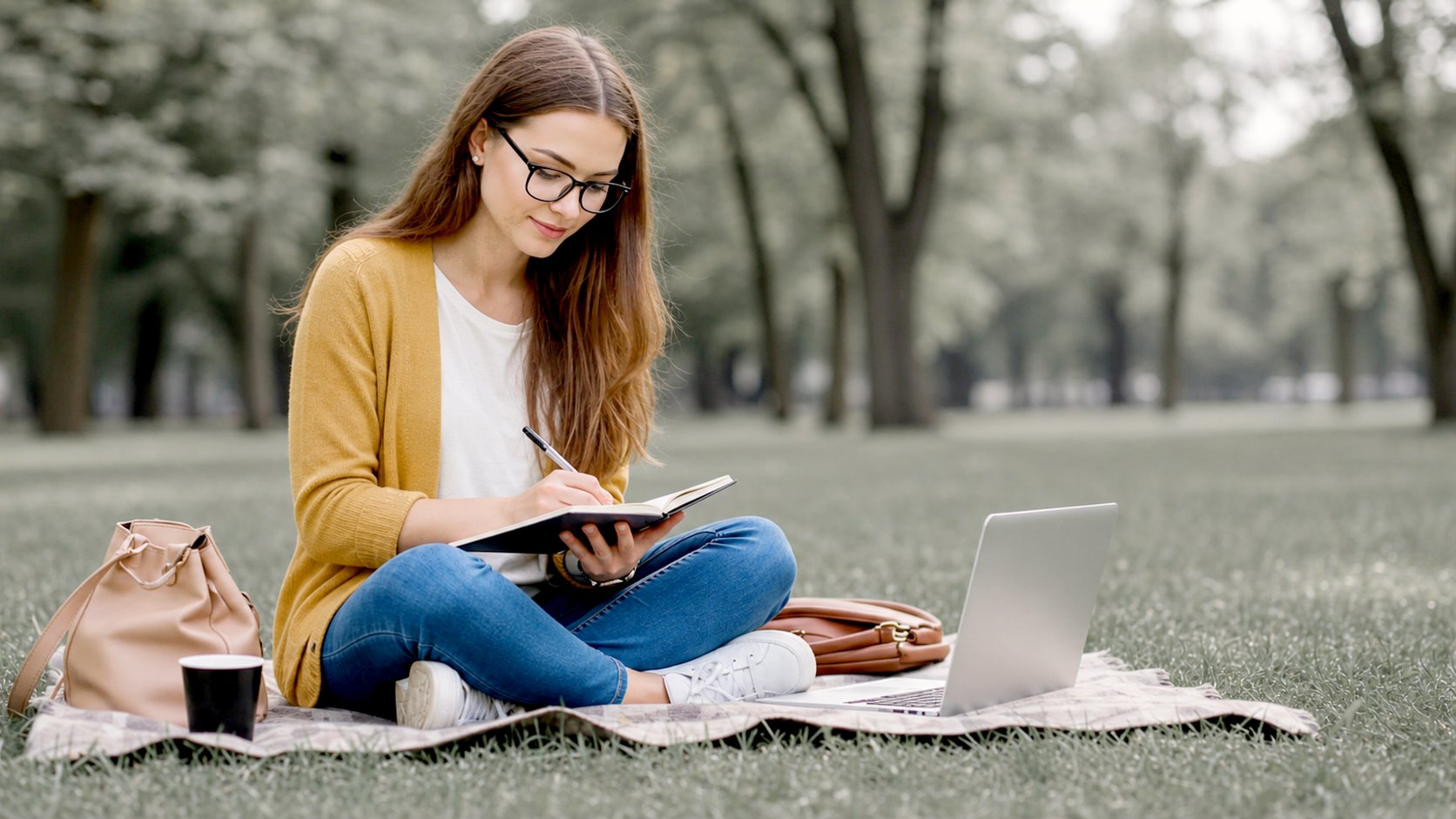 Mulher sentada sobre uma manta no parque anota em um caderno durante o estudo, com o laptop ao lado