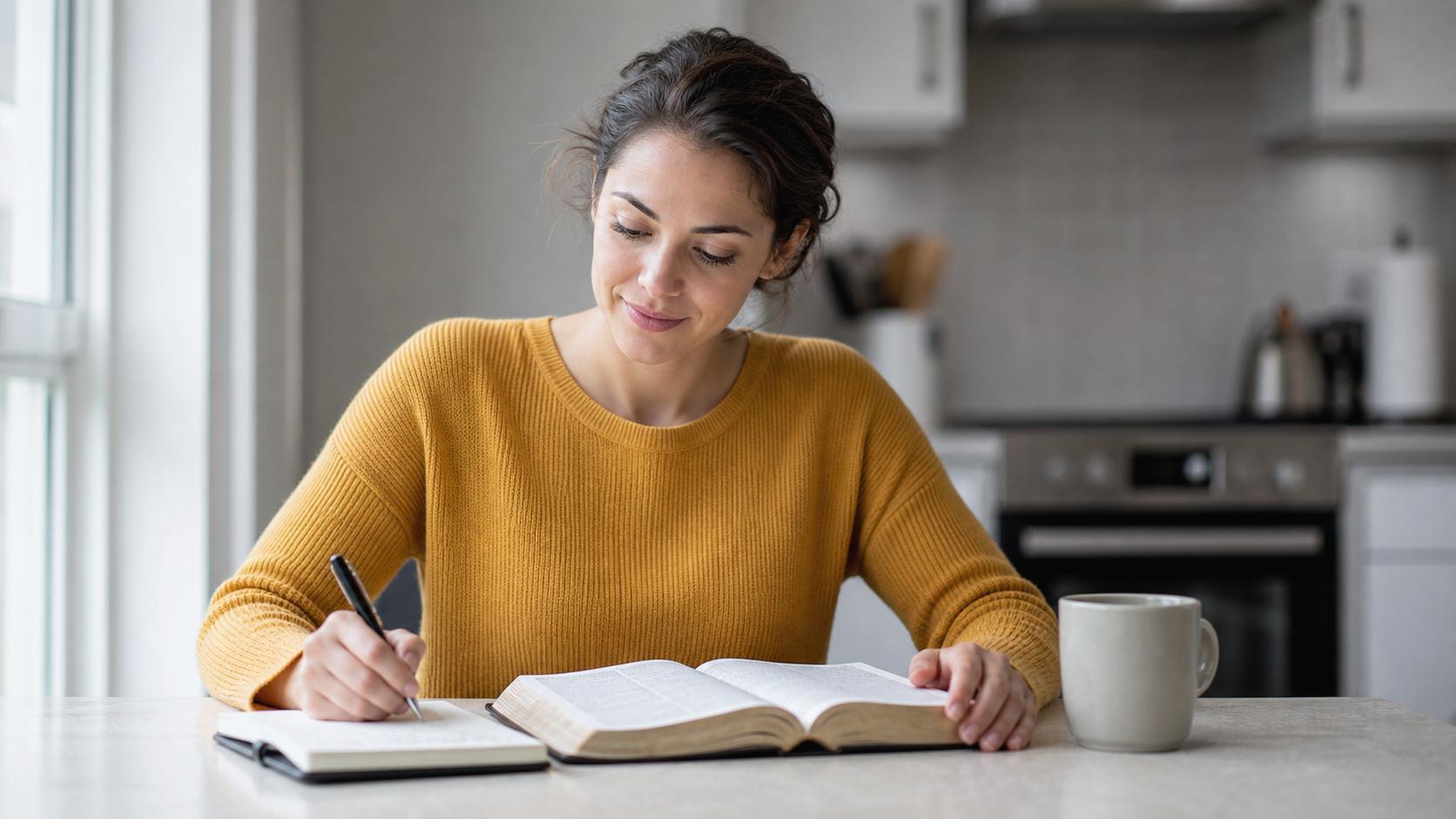 Mulher lendo a Bíblia e anotando no caderno durante o devocional diário na cozinha