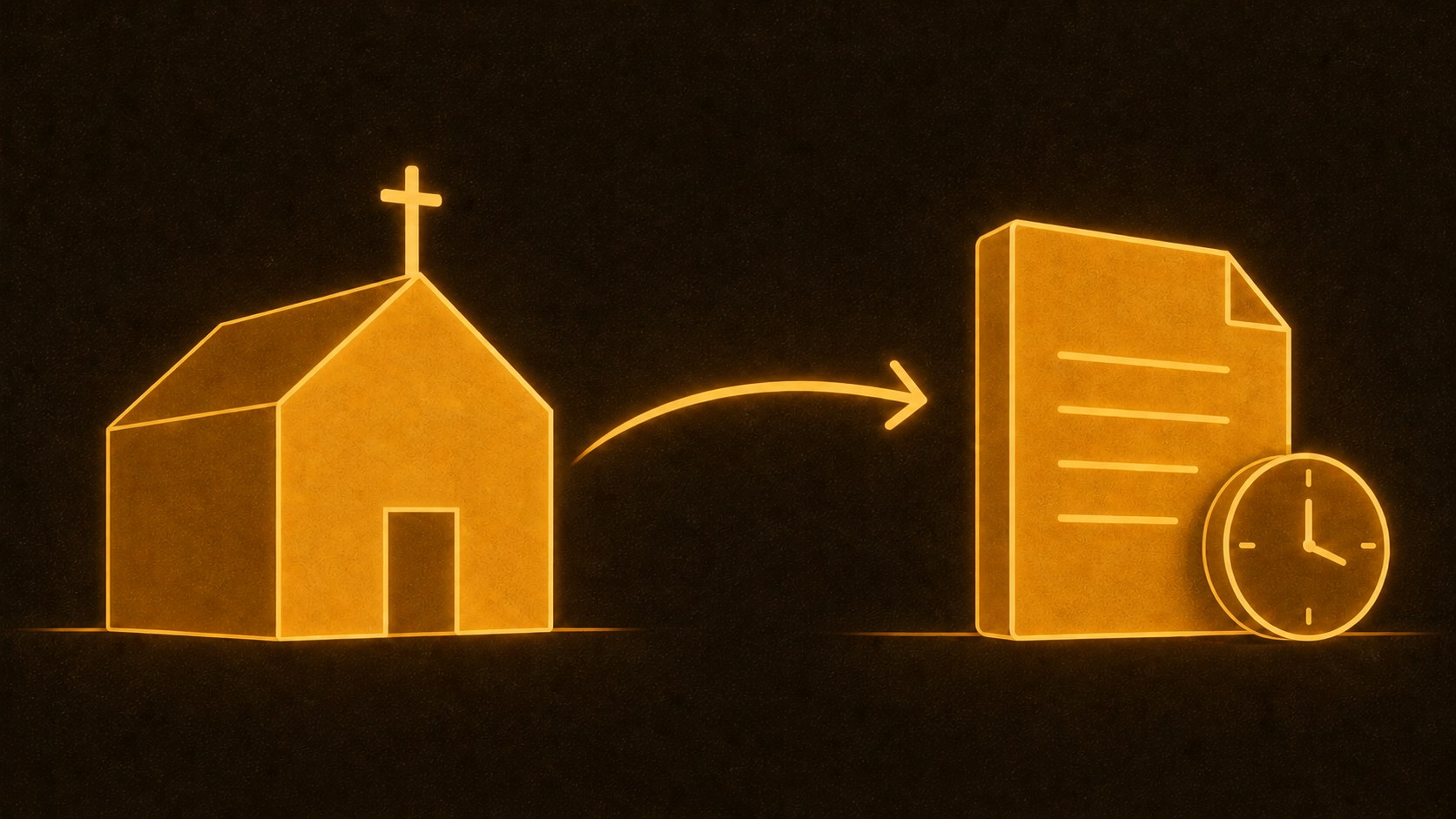 Ilustração da igreja enviando a EFD-REINF: o templo, a seta para o documento da obrigação e o relógio do prazo