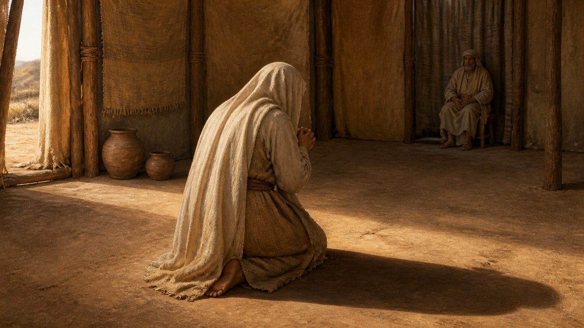 Ana ajoelhada orando em silêncio no tabernáculo de Siló, com o sacerdote sentado ao fundo