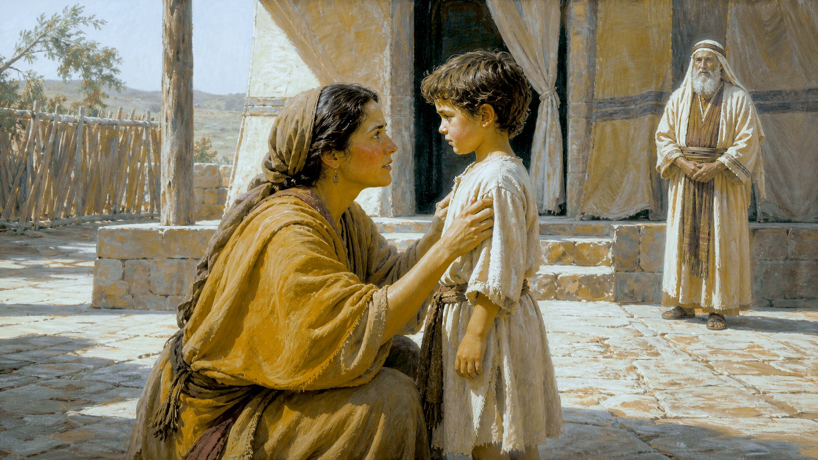 Pintura de Ana agachada diante do menino Samuel com a mão em seu ombro, enquanto o sacerdote Eli observa ao fundo, no pátio de Siló