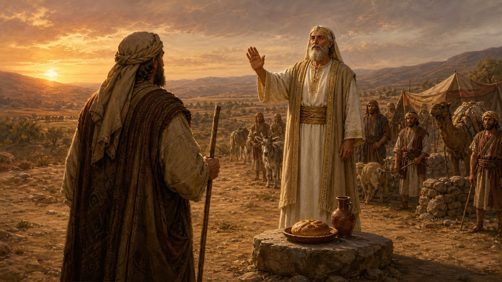 Pintura de Melquisedeque, rei de Salem e sacerdote do Deus Altíssimo, abençoando Abrão no vale, com o pão e o vinho sobre a pedra
