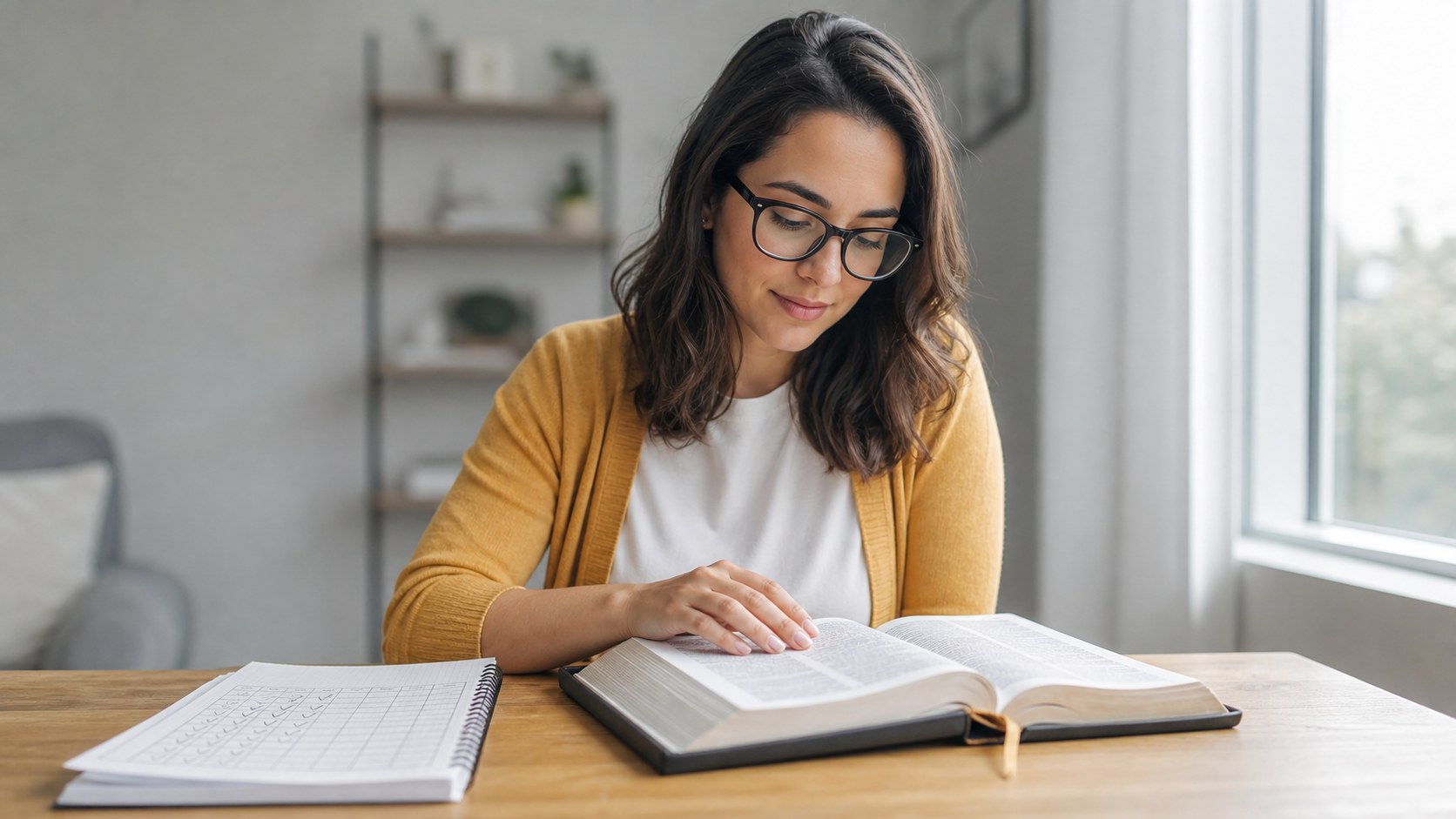 Mulher lendo a Biblia a mesa com um caderno de plano anual de leitura marcado ao lado