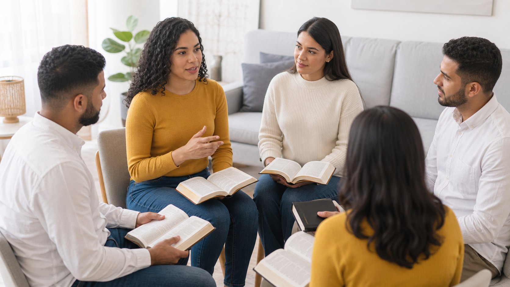 Grupo reunido em célula de igreja, com Bíblias abertas, conversando na sala