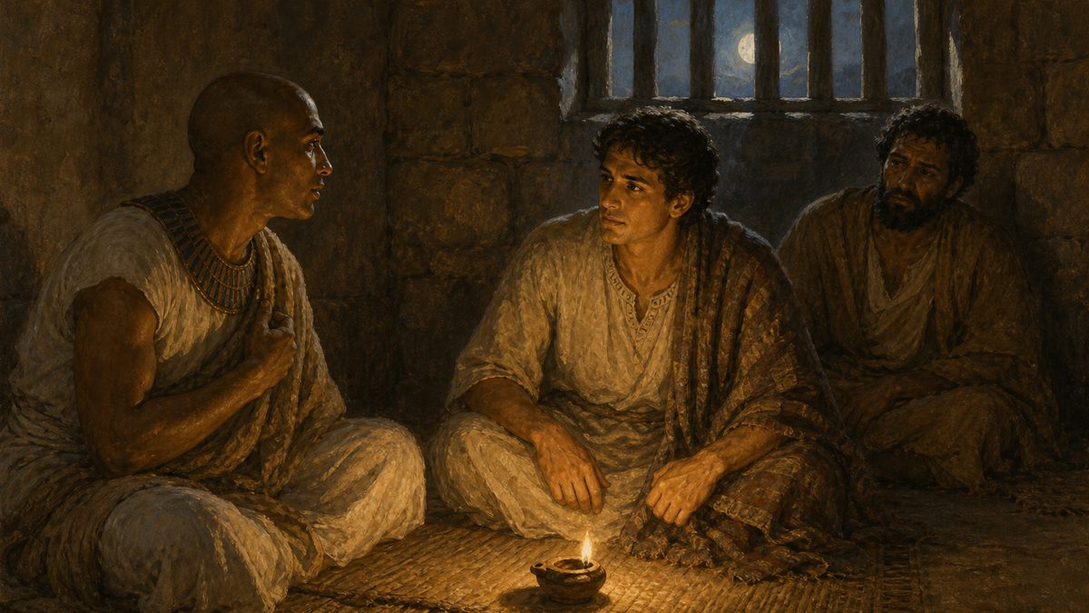 José conversa com o copeiro e o padeiro do faraó à luz de uma lamparina, na prisão