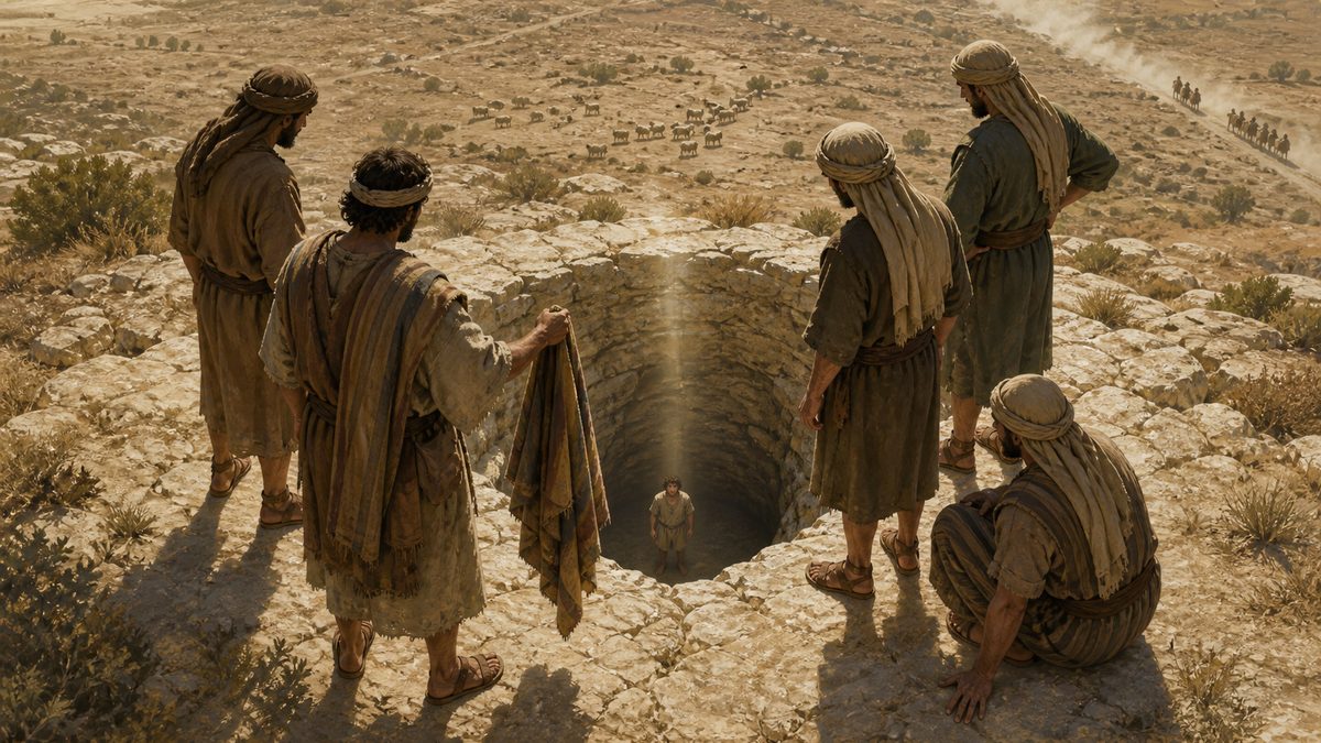 Os irmãos de José em volta da cisterna seca em Dotã, com José no fundo do poço