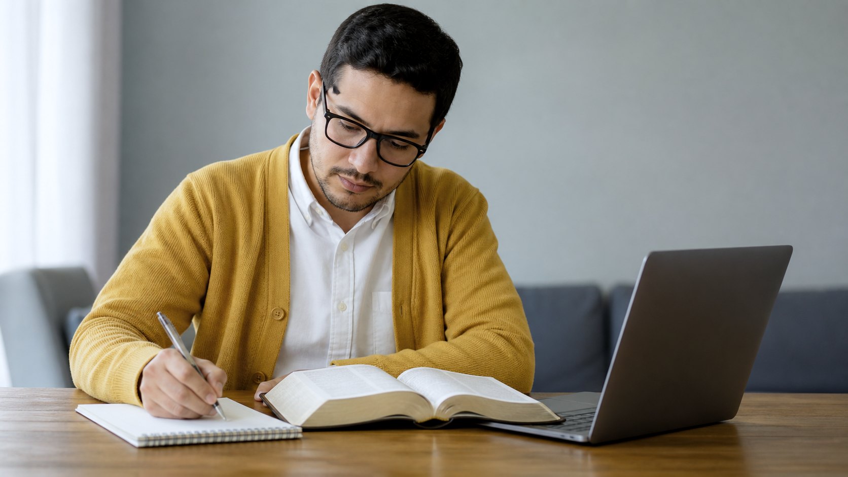 Homem anota em um caderno com a Bíblia aberta e o laptop sobre a mesa, preparando o estudo bíblico