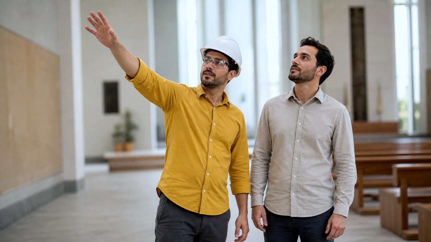 Engenheiro de seguranca com capacete apontando durante visita tecnica na igreja