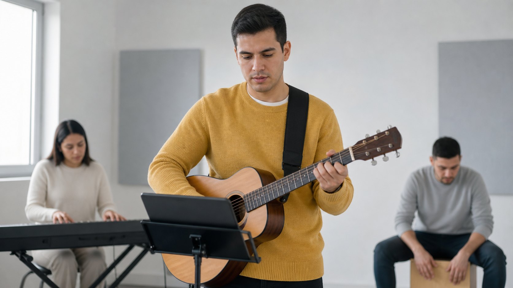 Ministro de louvor toca violão durante o ensaio, com a tecladista e o percussionista da equipe ao fundo