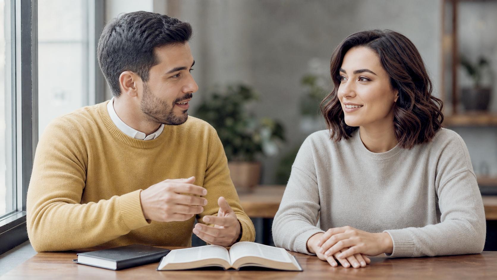 Dois jovens adultos em discipulado um a um com a Biblia aberta sobre a mesa