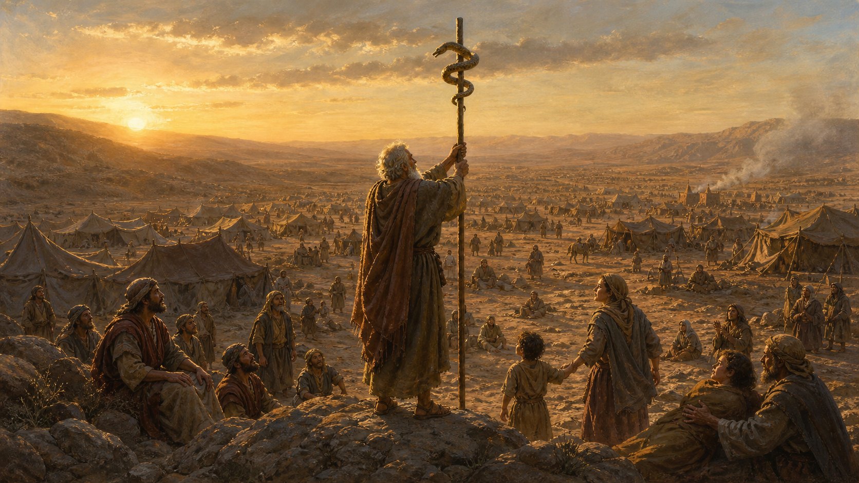 Pintura da serpente de bronze erguida numa haste diante do acampamento de Israel, ao pôr do sol no deserto