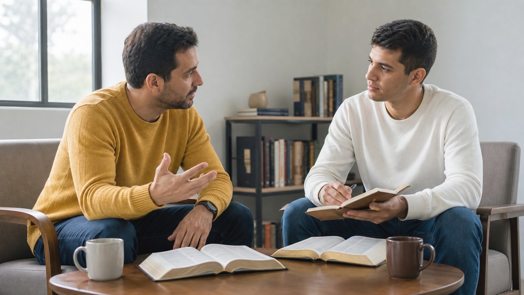 Discipulador e novo convertido sentados frente a frente com Bíblias abertas, conversando