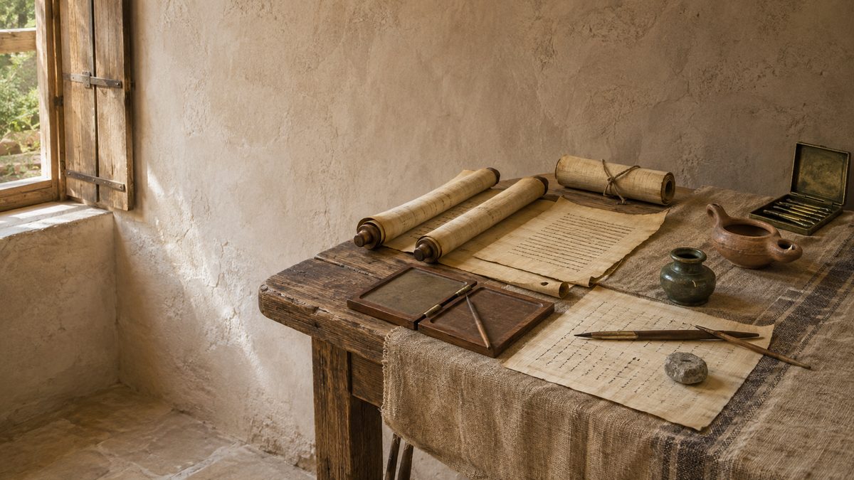 Mesa de escrita do primeiro século com rolos abertos, tinteiro e pergaminho, evocando a pesquisa de Lucas