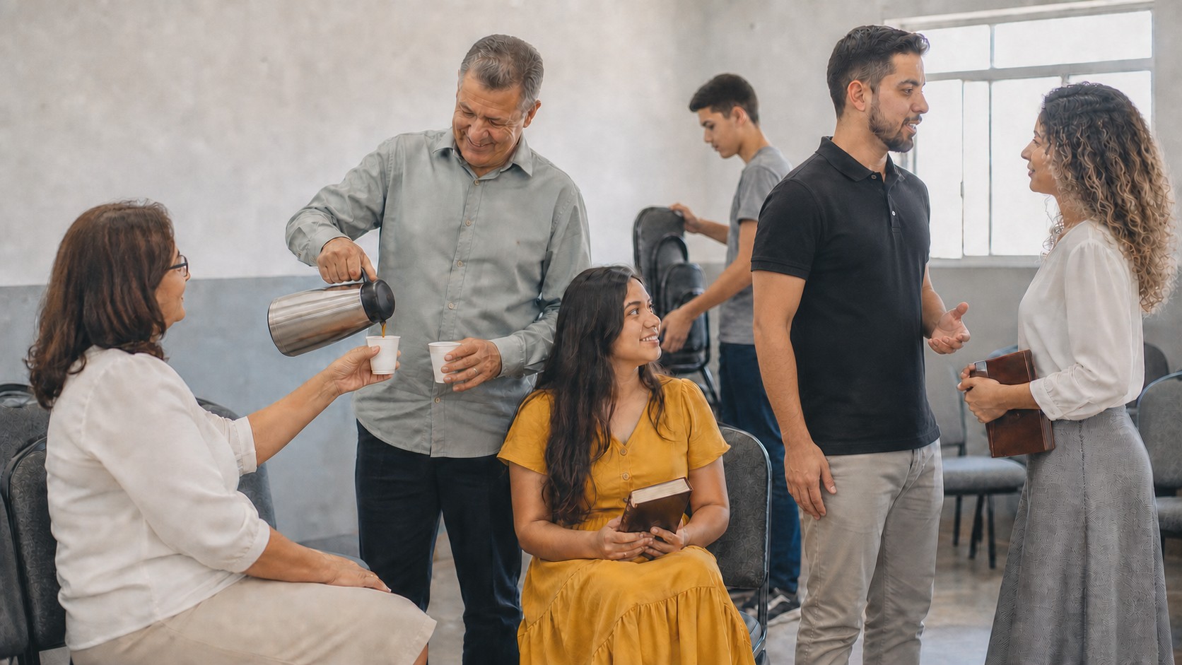 Grupo de idades diferentes no salão da igreja após o culto, cada um servindo ou conversando, formando um só corpo