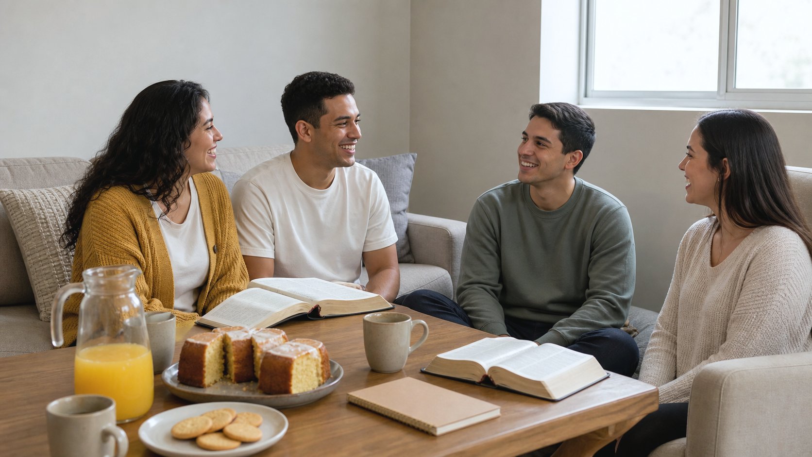 Quatro jovens sentados em roda na sala de casa, conversando, com as Bíblias abertas e o lanche na mesa de centro