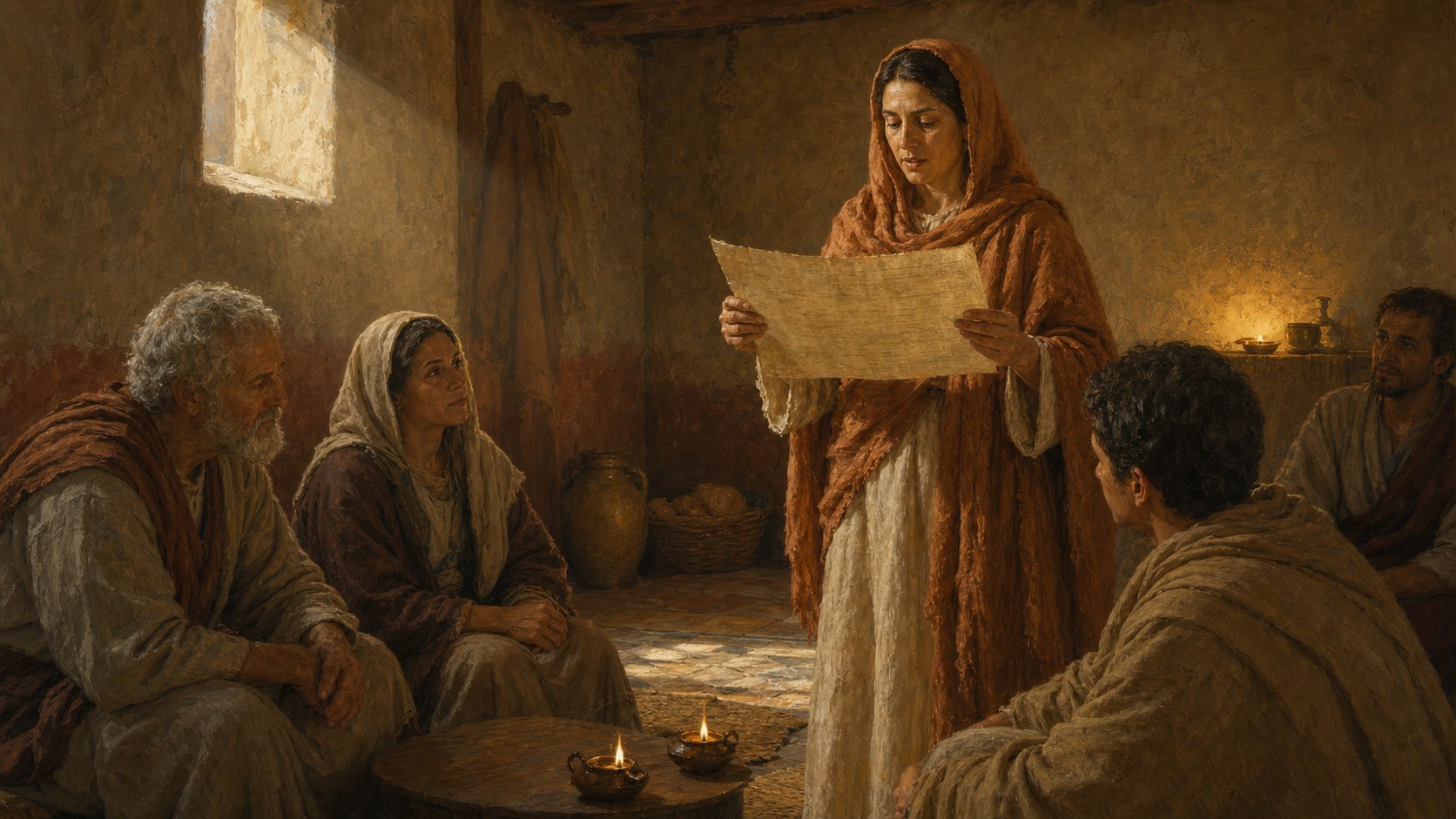 A igreja de Roma reunida numa casa ouve a leitura da carta aos Romanos, por volta de 57 d.C.