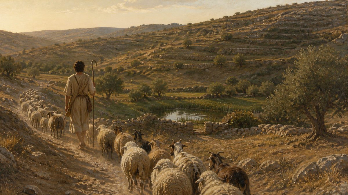 Pastor caminhando à frente do rebanho por uma colina perto de Belém, rumo a um poço de águas tranquilas
