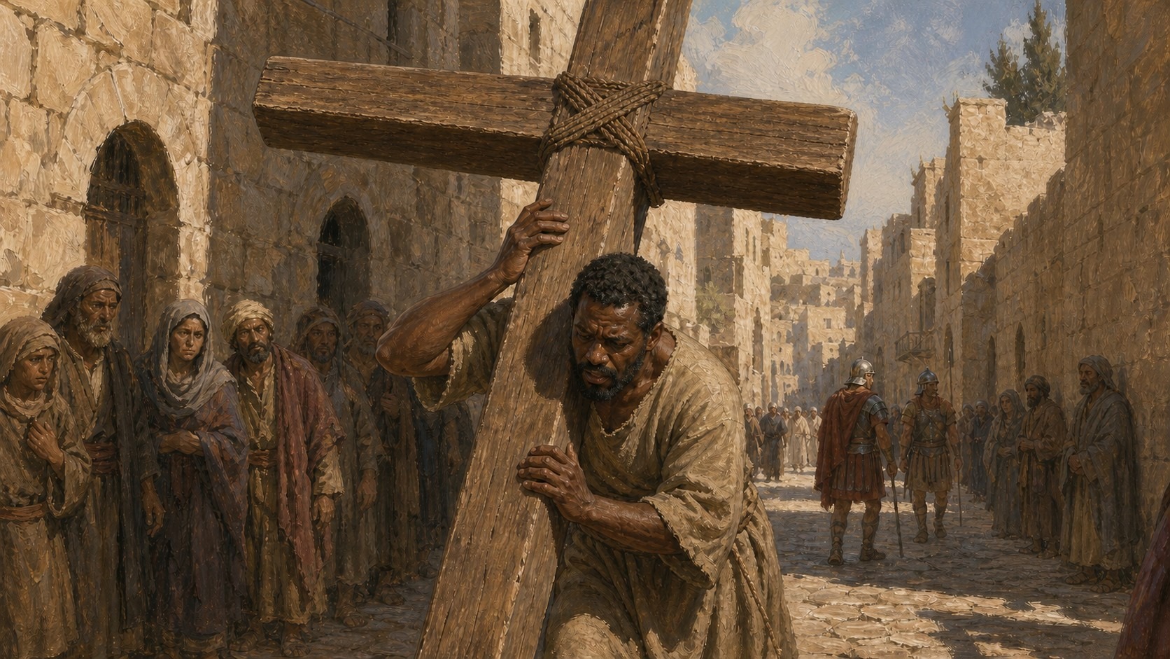 Pintura de Simão de Cirene carregando a cruz pela rua de Jerusalém, curvado sob o peso, com a multidão e os soldados ao redor