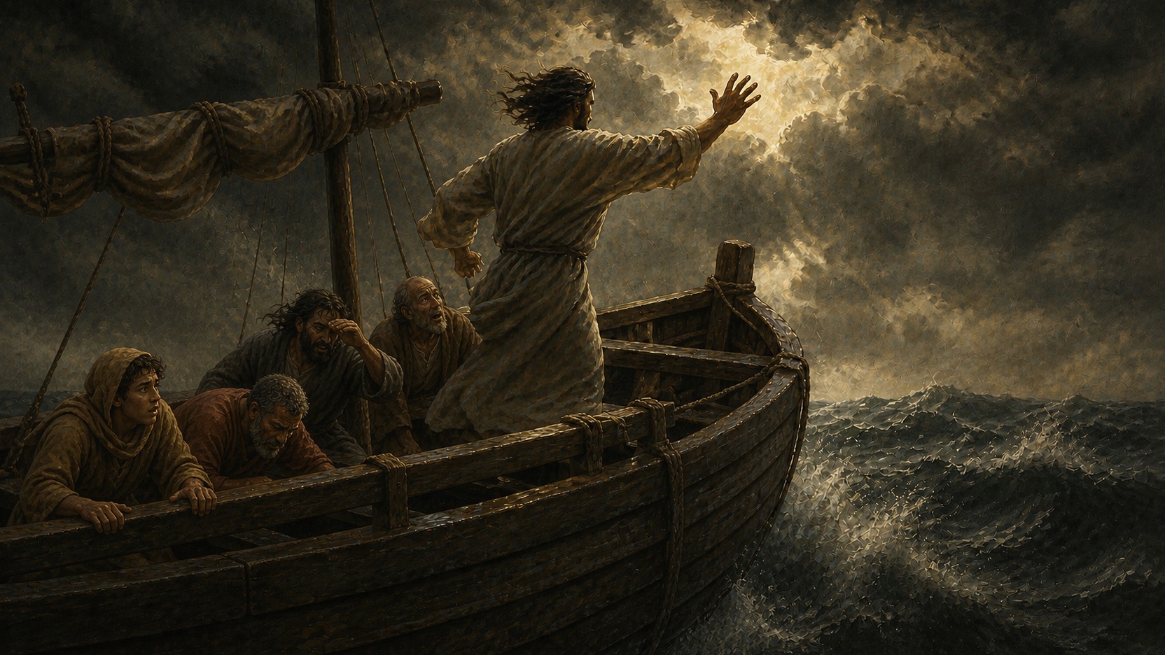 Pintura de Jesus em pé na proa da barca repreendendo a tempestade diante dos discípulos