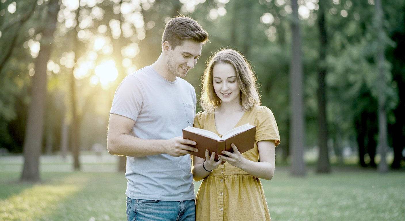 Casal jovem lê a Bíblia junto, ao ar livre, em encontro de casais da igreja